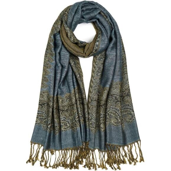 Paisley Pashmina Shawls  Wraps with Fringe Peacock Blue - Picture 1 of 4
